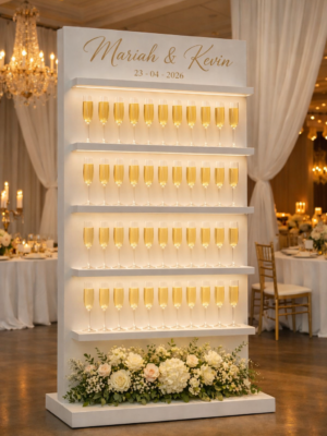 Luxury champagne wall display at wedding reception in Malta by Celebright Rentals
