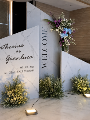 Luxury geometric wedding backdrop setup at event in Malta by Celebright Rentals