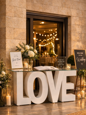 Elegant wedding guestbook table featuring large white “LOVE” letters, glass tabletop with candles, flowers, and signage at a Celebright Rentals wedding venue in Malta.