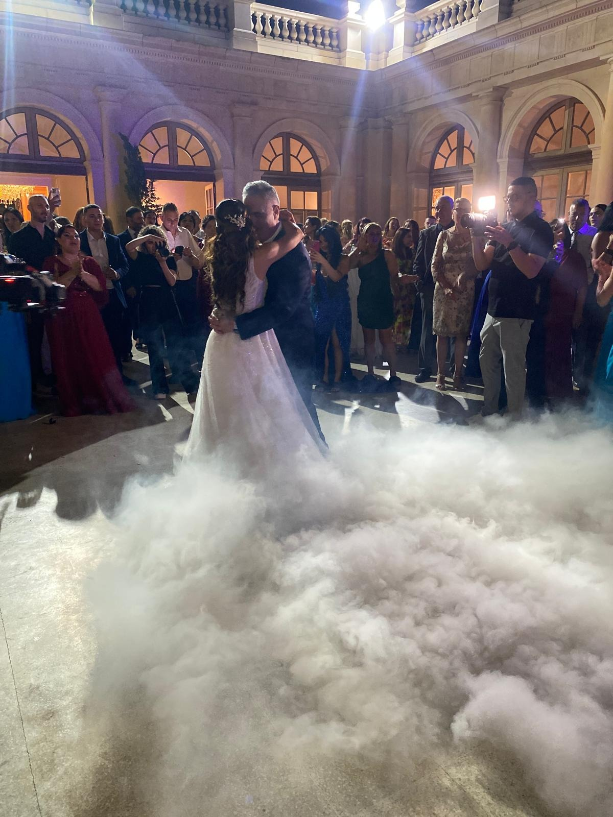 Low fog effect creating a cloud-like dancefloor atmosphere at Malta wedding by Celebright Rentals