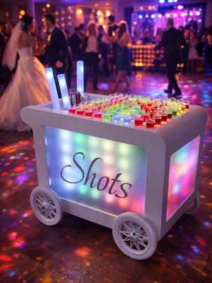 Wedding shot cart drink station setup at event in Malta by Celebright Rentals
