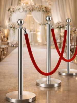 Polished silver stanchions with red velvet ropes at a wedding venue, emphasizing stainless steel craftsmanship and luxury event design.